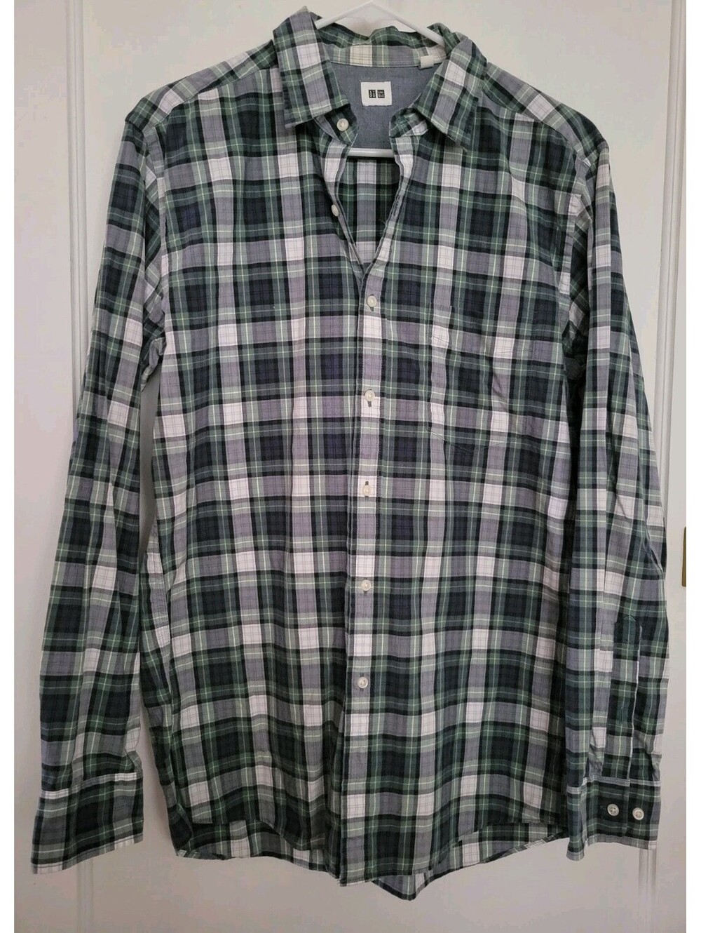 Uniqlo Shirt Mens M Green Plaid Button Down Long Sleeve 100% Cotton